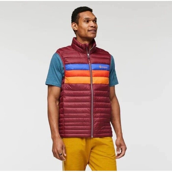 COTOPAXI Fuego Down Vest Men’s XS Burgundy Stripes NEW Retro Outdoors Hiking - Picture 1 of 13